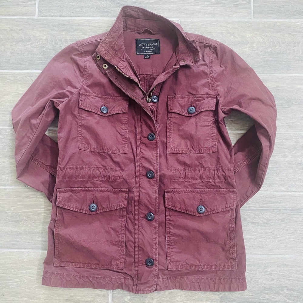 Lucky Brand Casual Burgundy Denim Lightweight Utility Cargo Jacket, Small
